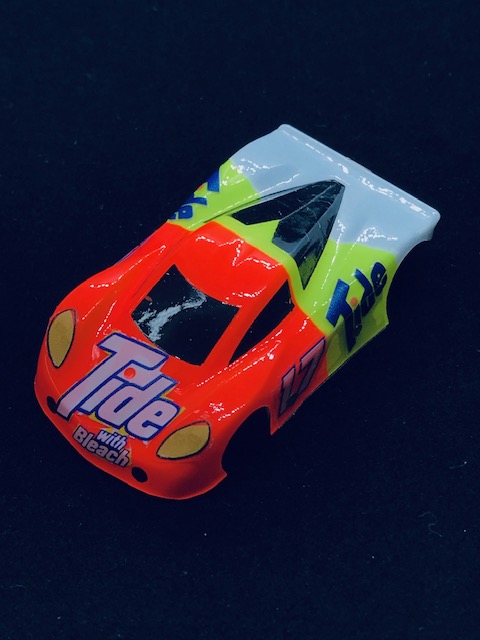 #17 TIDE NEON ORANGE/YELLOW/WHITE LEXAN CUSTOM PAINTED BODY, TRIMMED TO